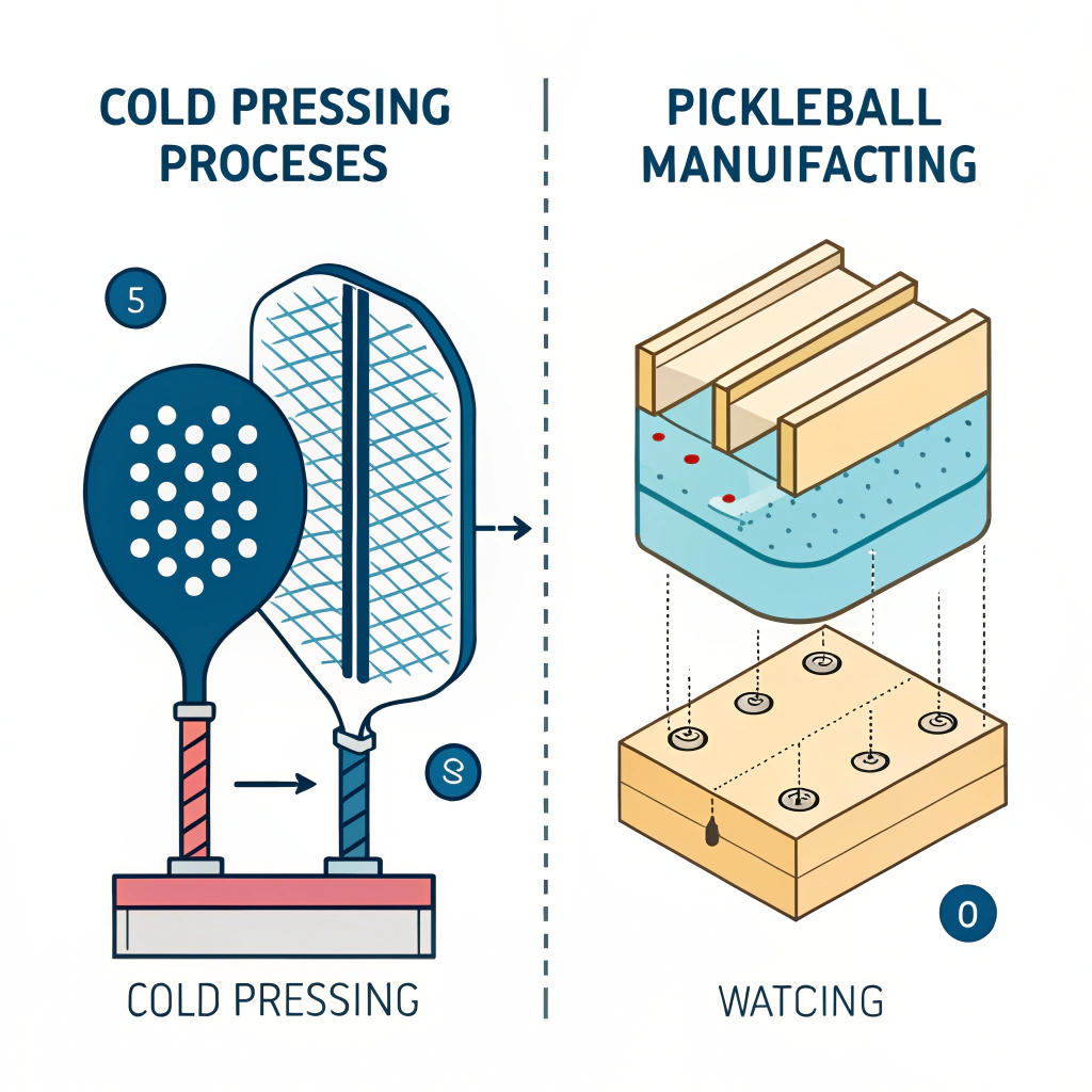Minimalist 2D illustration showing cold pressing and thermoforming processes in paddle production.