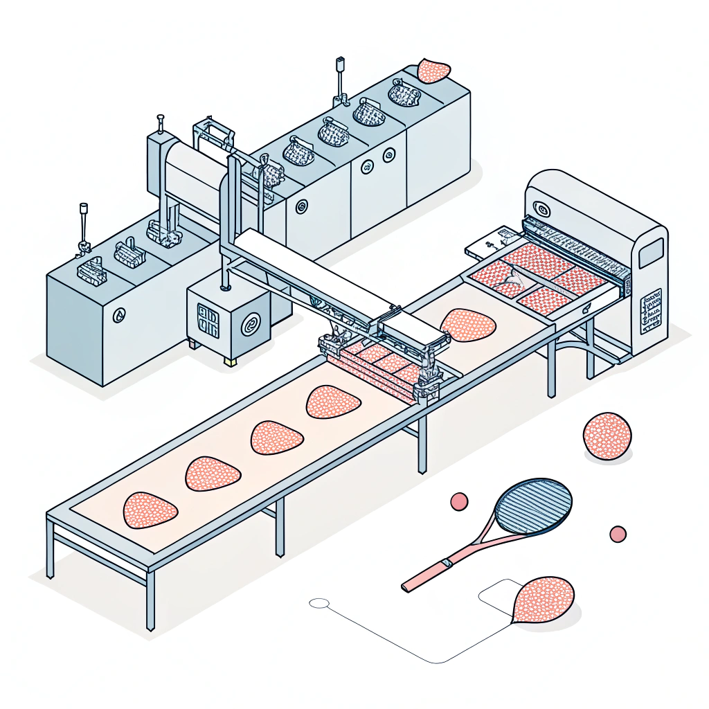 2D minimalist illustration of a thermoforming machine producing a pickleball paddle