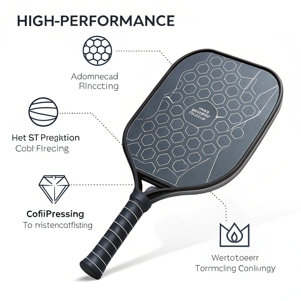 2D minimalist illustration of a modern pickleball paddle with abstract technological motifs.