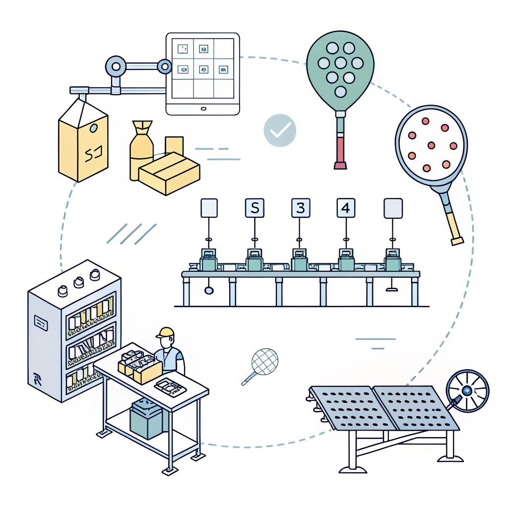 Minimalist illustration of a factory production line with abstract paddle assembly and machinery icons.