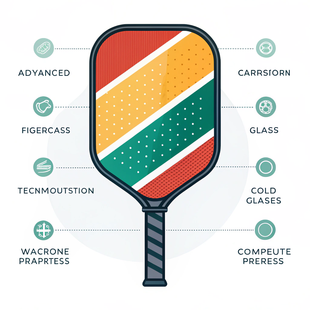 Minimal flat illustration of a modern pickleball paddle with abstract production elements
