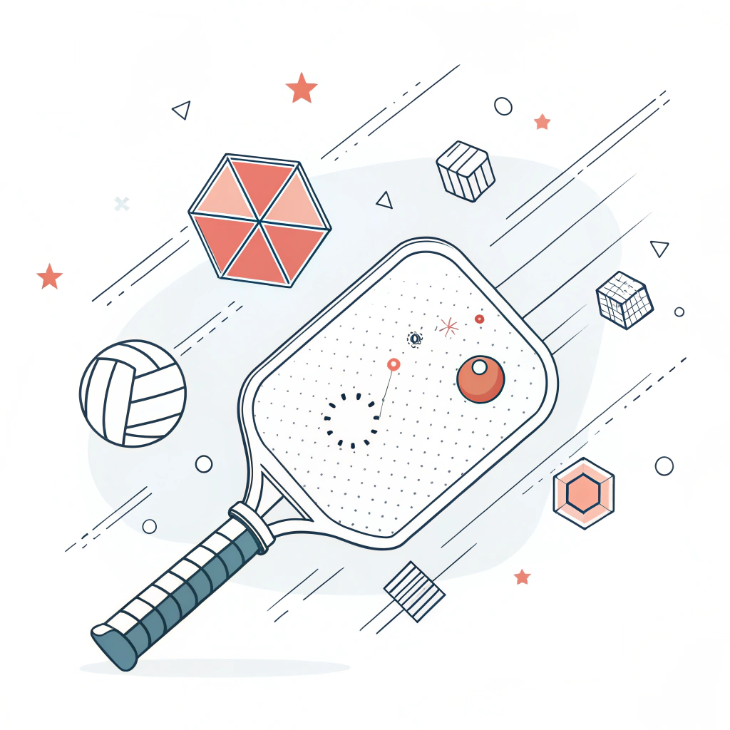 Minimal 2D vivid illustration of an innovative pickleball paddle with abstract energy elements