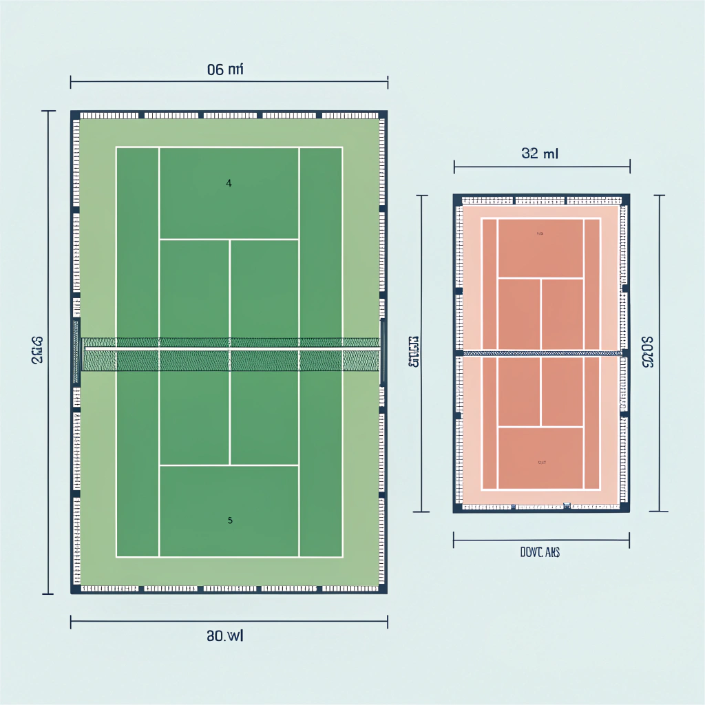 Simple side-by-side flat illustration comparing tennis and pickleball court sizes