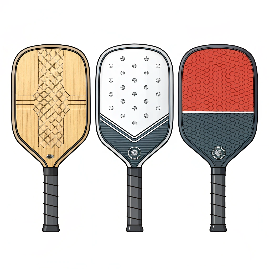 Minimal illustration of three pickleball paddles showing varied material textures.
