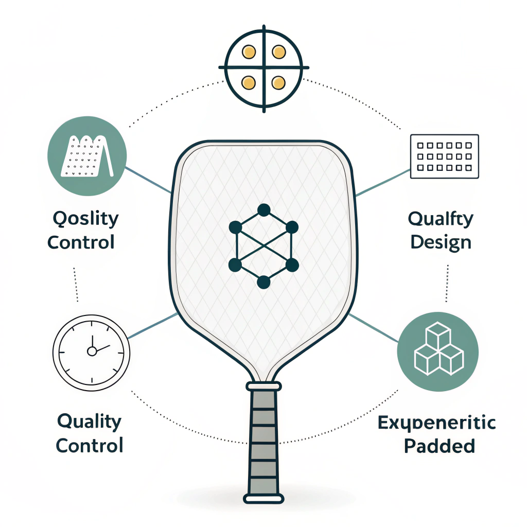 Minimalist 2D depiction of quality control processes in pickleball paddle production.