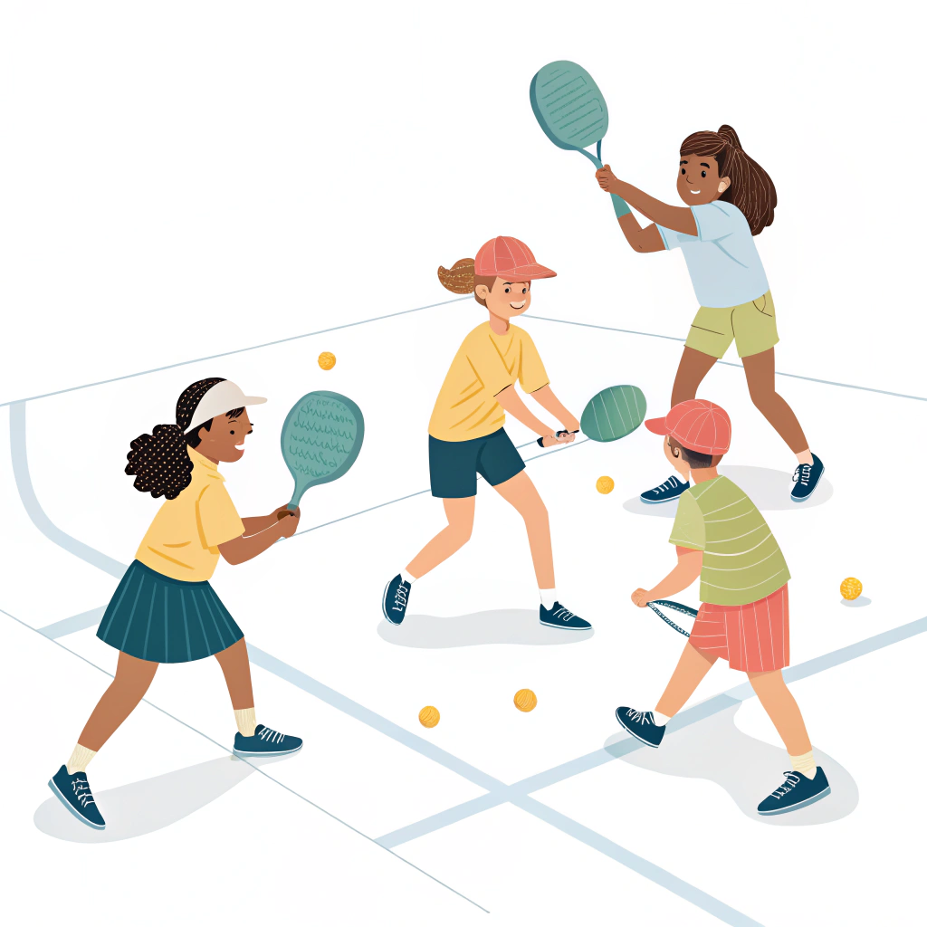 Minimal illustration of children playing pickleball safely on a modern court.