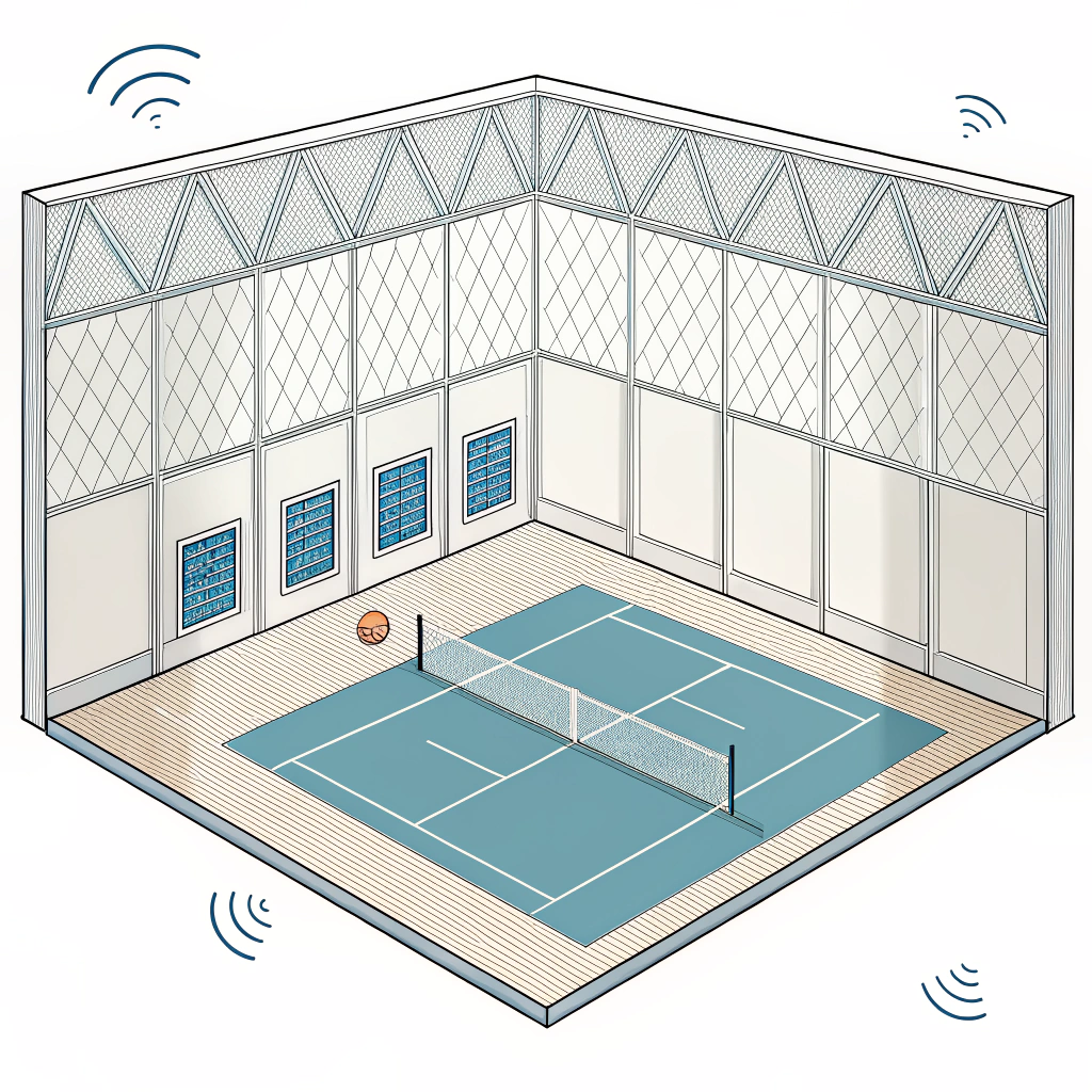 Minimal 2D illustration of an indoor pickleball court with acoustic panels and sound waves.