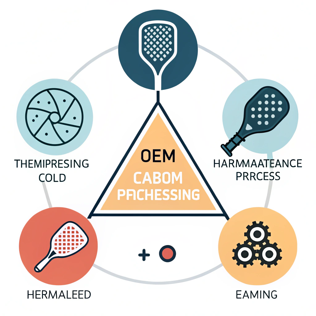 Minimal flat illustration showing OEM pickleball paddle manufacturing techniques with symbolic icons.