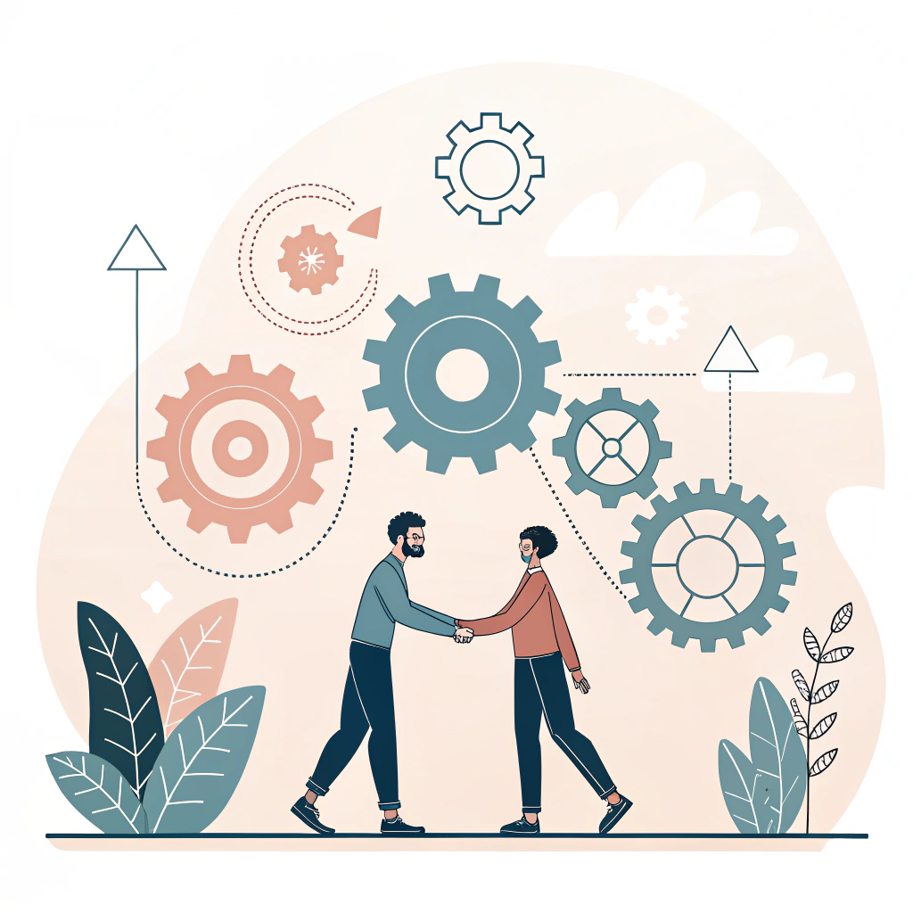 Minimalist flat illustration showing collaboration and manufacturing excellence