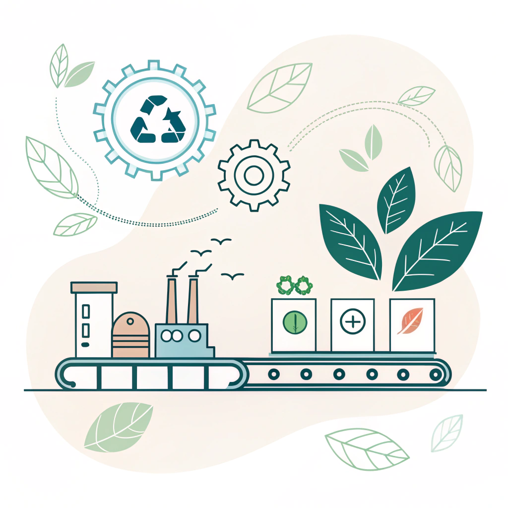 A 2D minimal illustration depicting eco-friendly production with clear regulatory and sustainable elements.