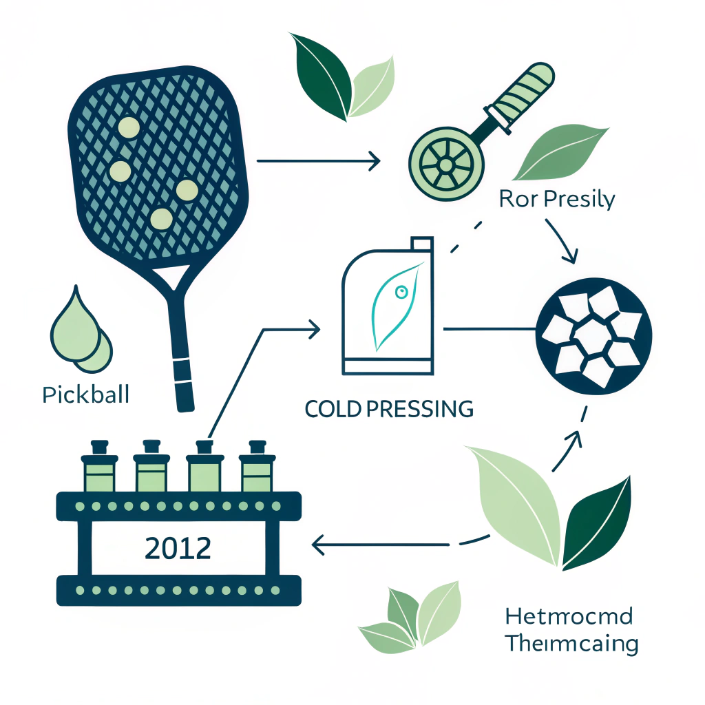 Minimal flat illustration of eco-friendly pickleball paddle manufacturing techniques