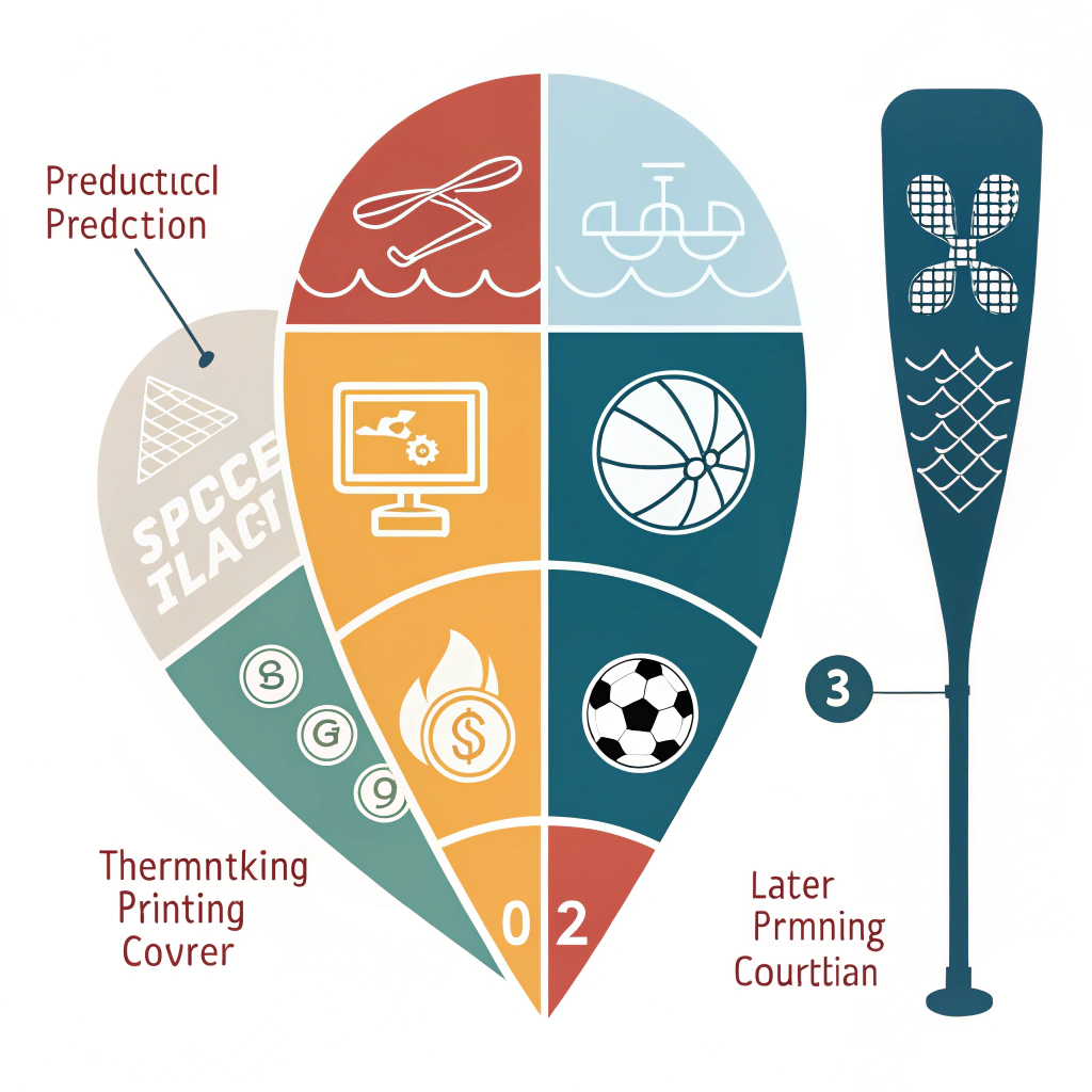 "Minimalist 2D artwork of custom paddle covers with abstract production process icons."