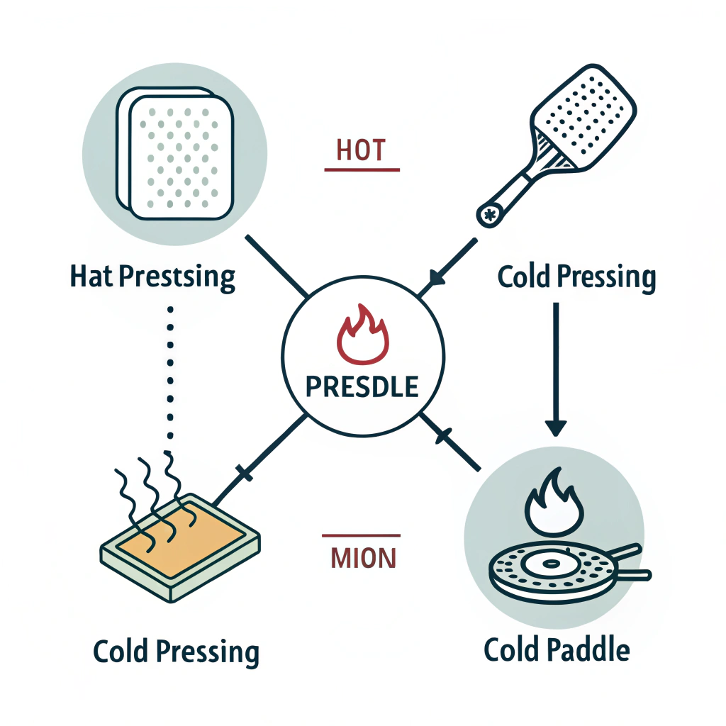 Clean minimalist diagram showing three production methods for pickleball paddles.