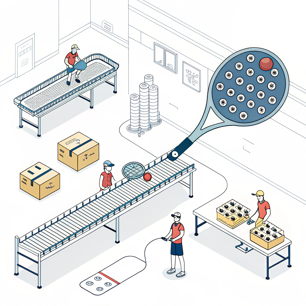 Minimal illustration of a streamlined production process for custom pickleball paddles with quality control elements.