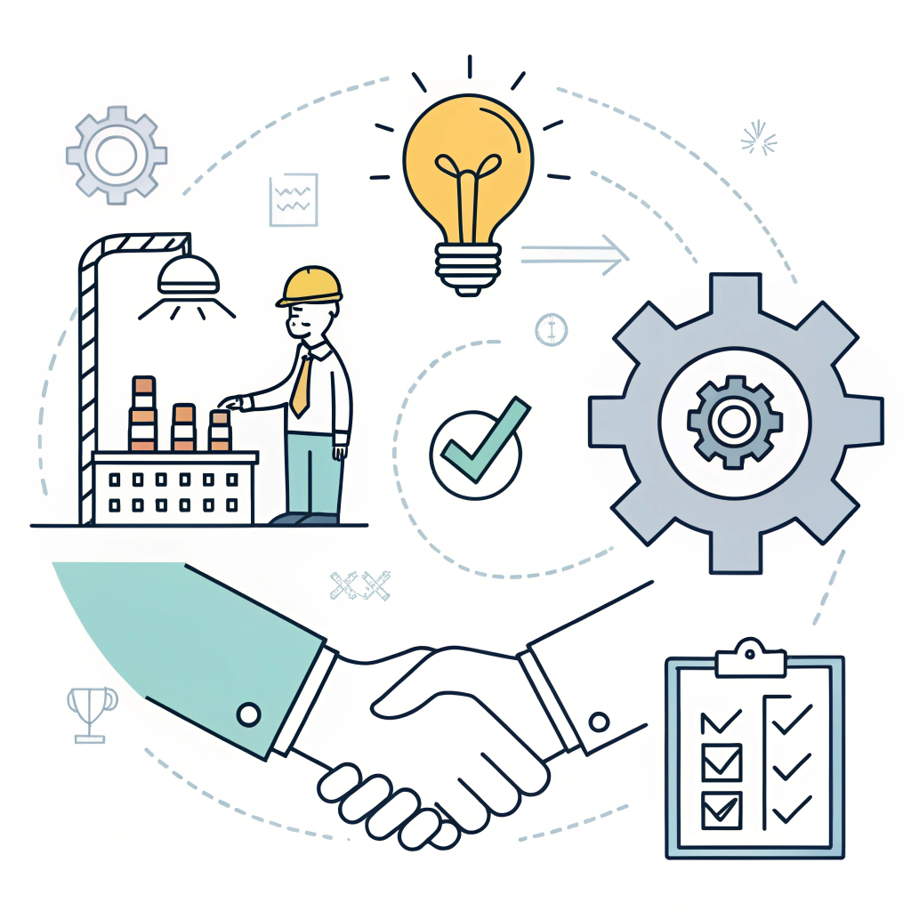 Minimal 2D illustration of collaboration, advanced equipment, and quality assurance in manufacturing