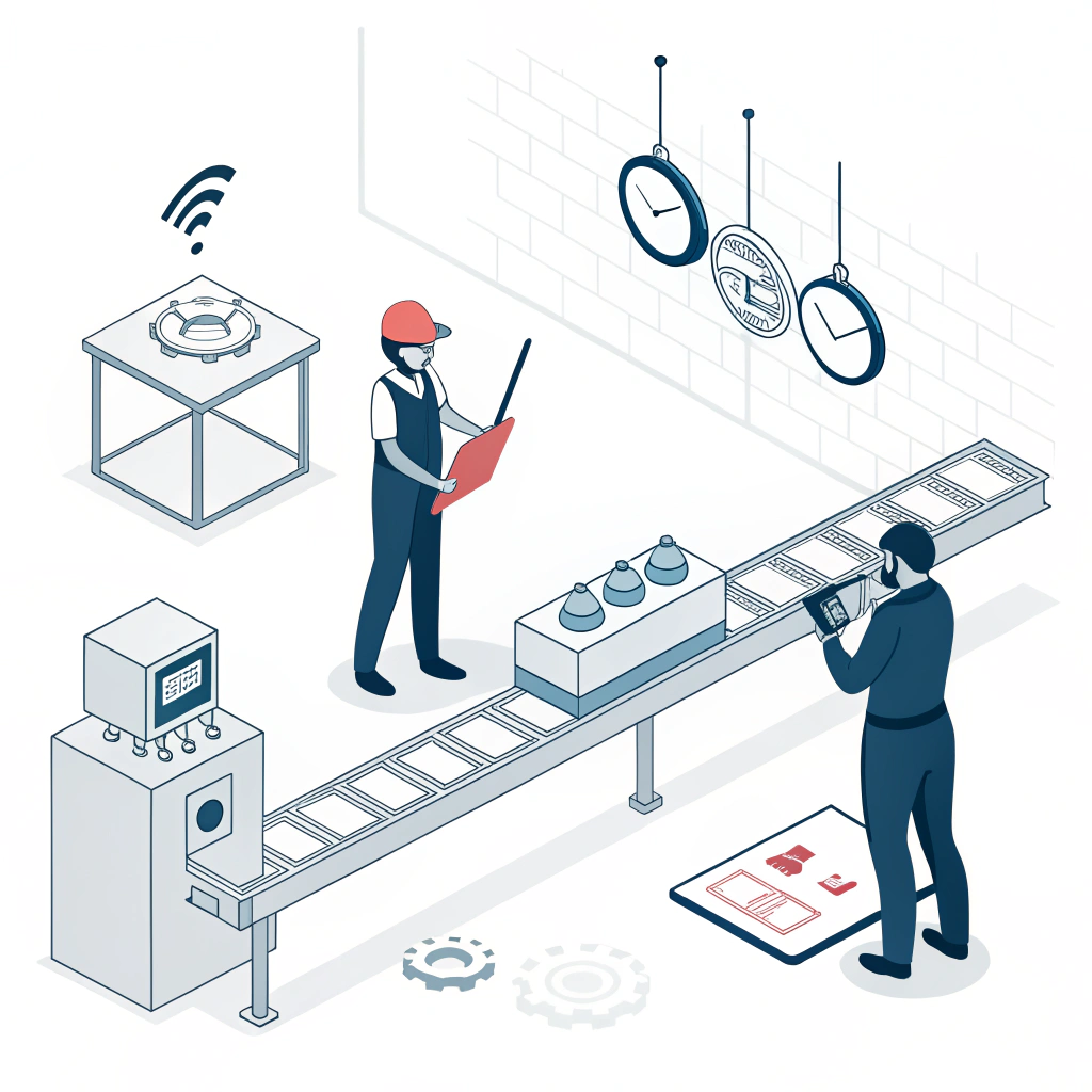 Minimal style scene of paddle quality testing with geometric shapes and sensors