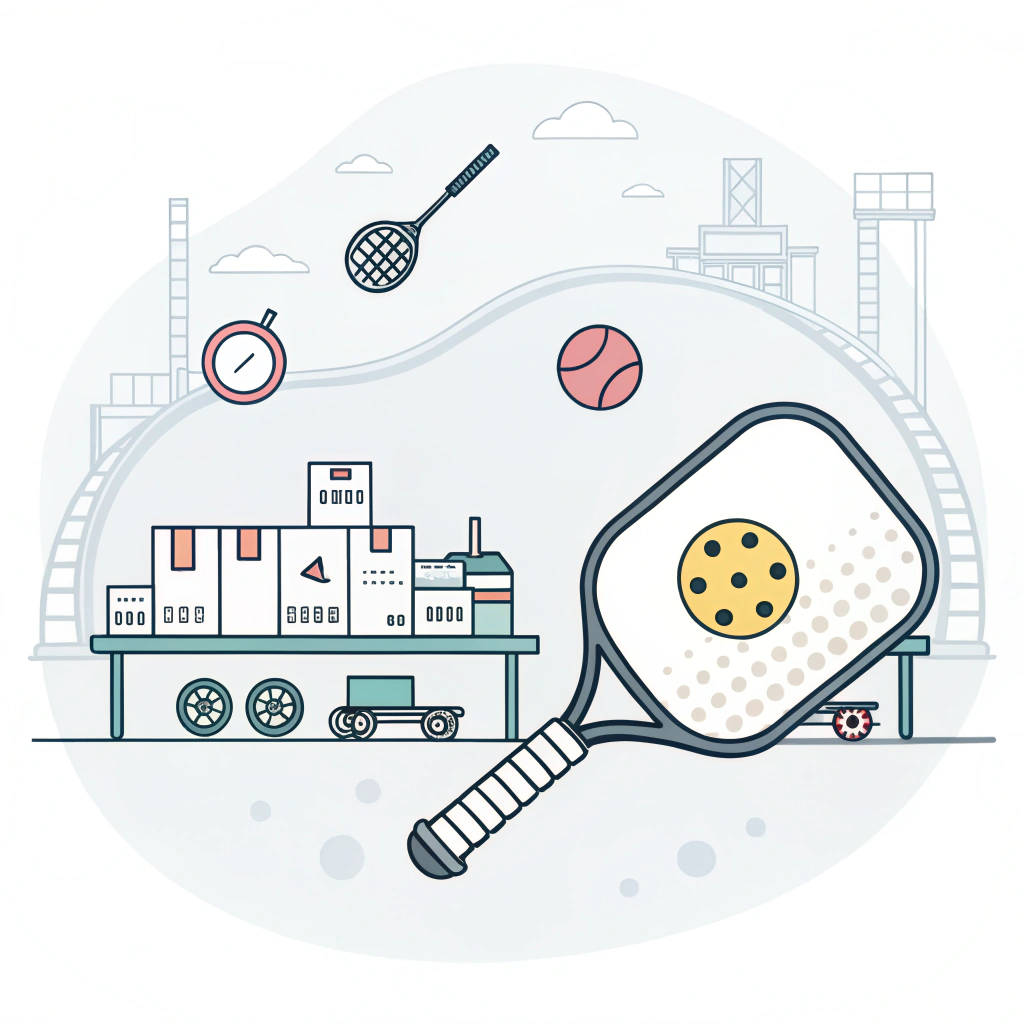 A simple 2D illustration of a pickleball paddle intertwined with manufacturing elements representing ethical production.