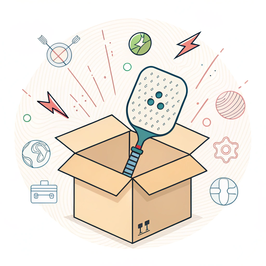 Simple flat illustration of a pickleball paddle facing transit risks with packaging elements.