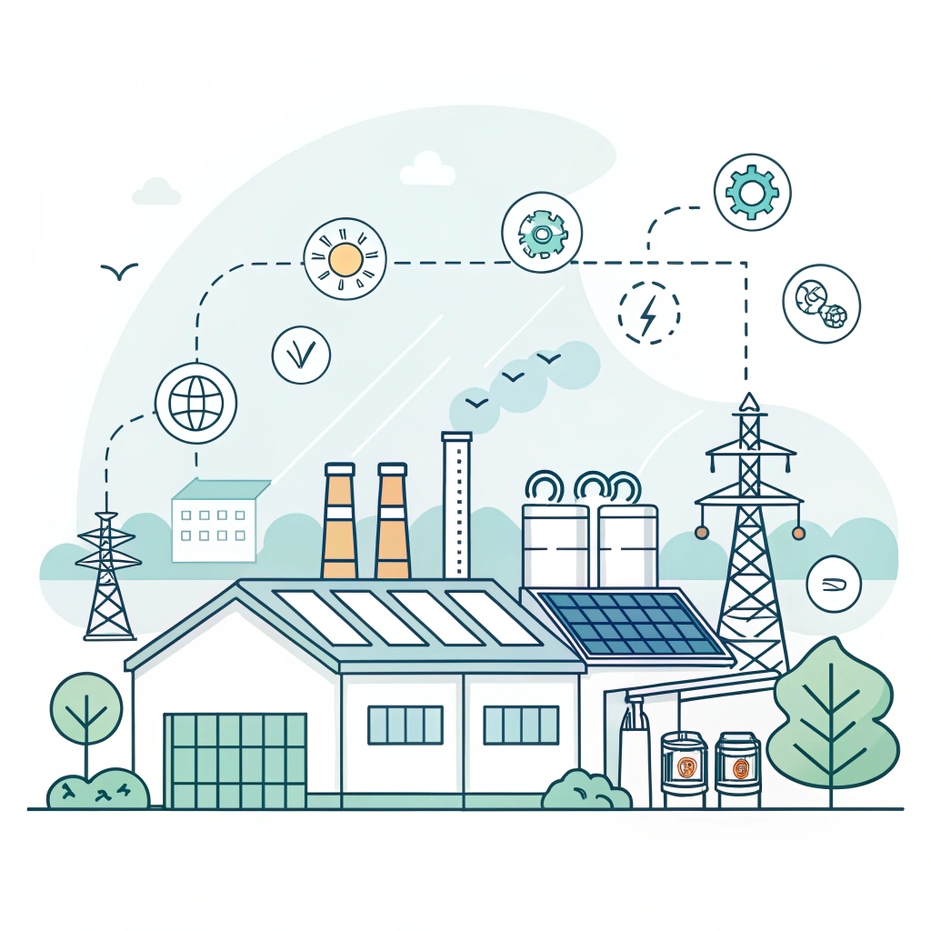 Minimalist flat illustration of high-tech eco-friendly manufacturing integration.