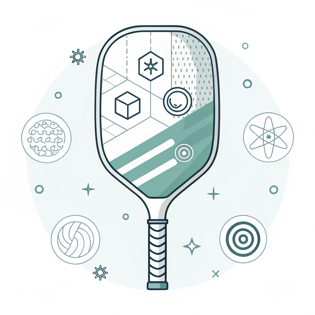 Minimalist 2D depiction of layered materials and production processes in pickleball paddle manufacturing.