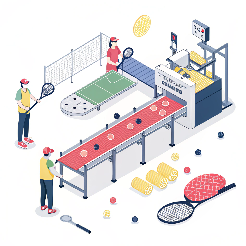 "Minimalist illustration of an assembly line producing pickleball paddles with advanced machinery and quality control."