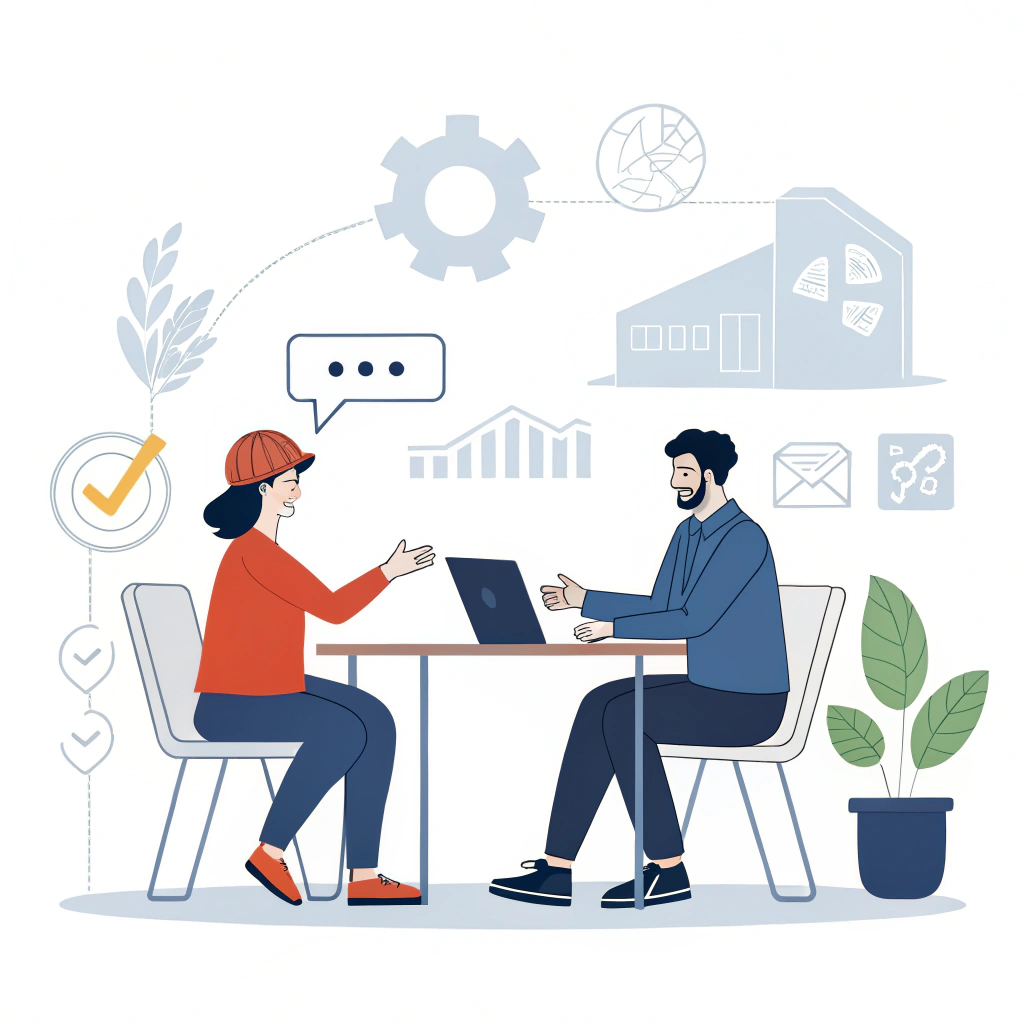 A minimal flat illustration of a startup founder and partner collaborating on production strategies.