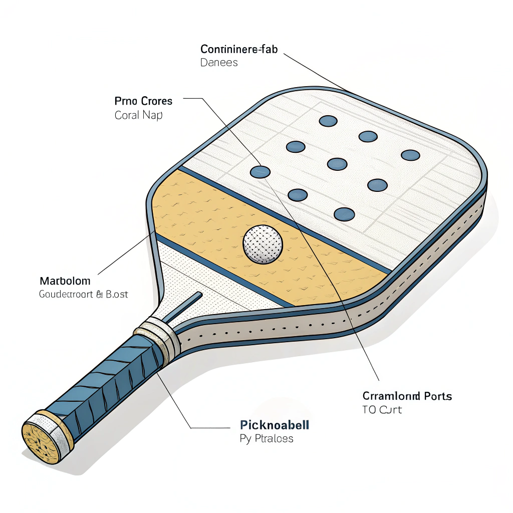 Minimalistic design illustration of a high-tech composite pickleball paddle with detailed finishing layers