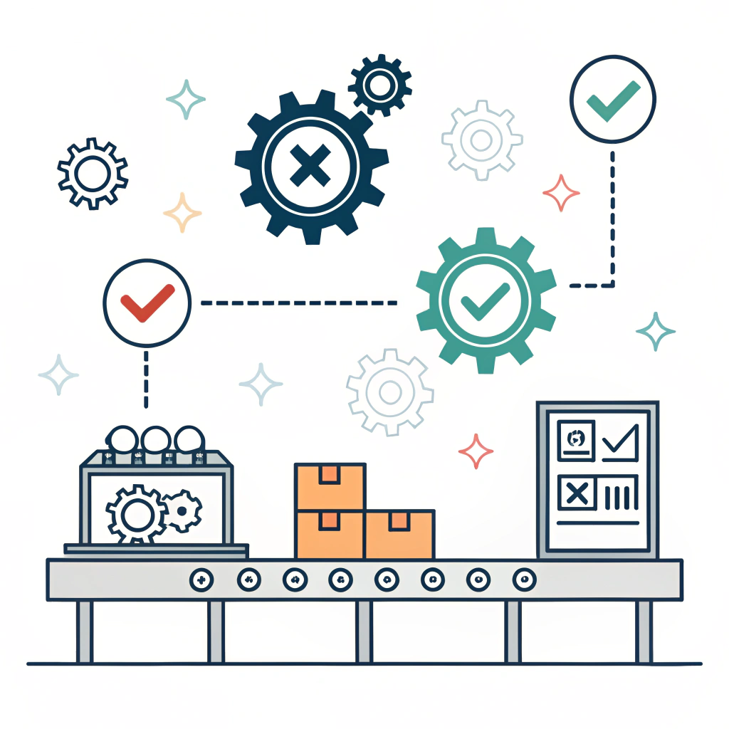 Minimalist illustration of a modern, integrated manufacturing process with quality icons.
