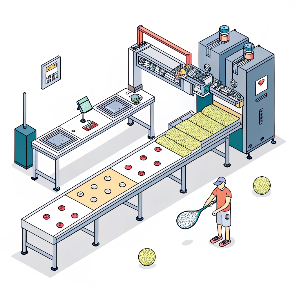 Minimal 2D vector illustration of modern advanced pickleball production process