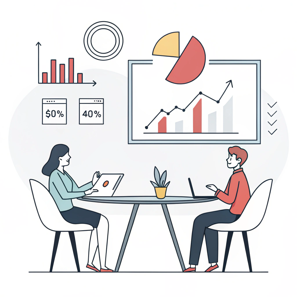 Minimalist illustration of a business planning meeting with charts and graphs.