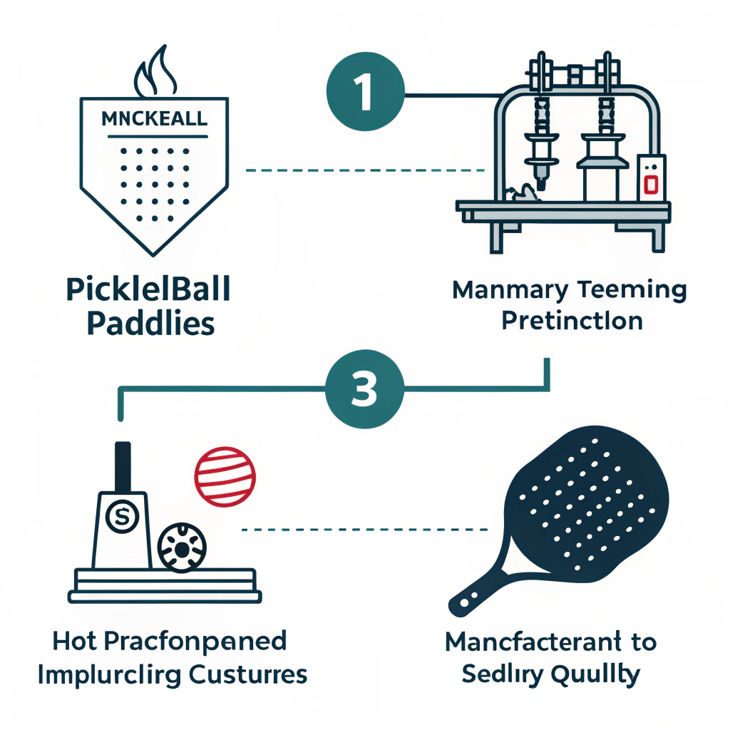 Minimal flat design illustration showing pickleball paddle manufacturing process with modern machinery