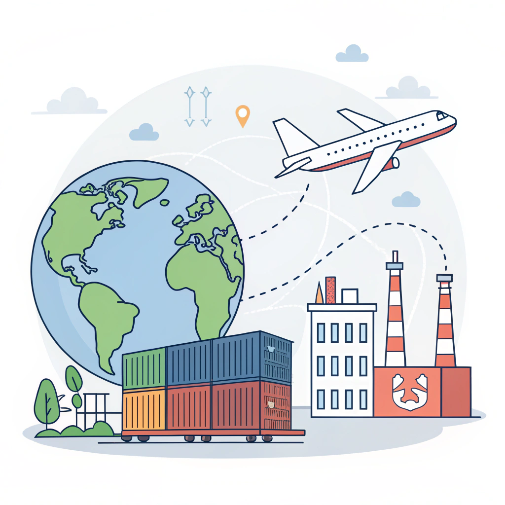 A flat illustration combining icons of a globe, container, and airplane to represent international trade and payment terms.