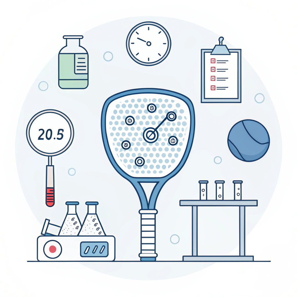 Minimal 2D illustration illustrating quality testing protocols for paddle production