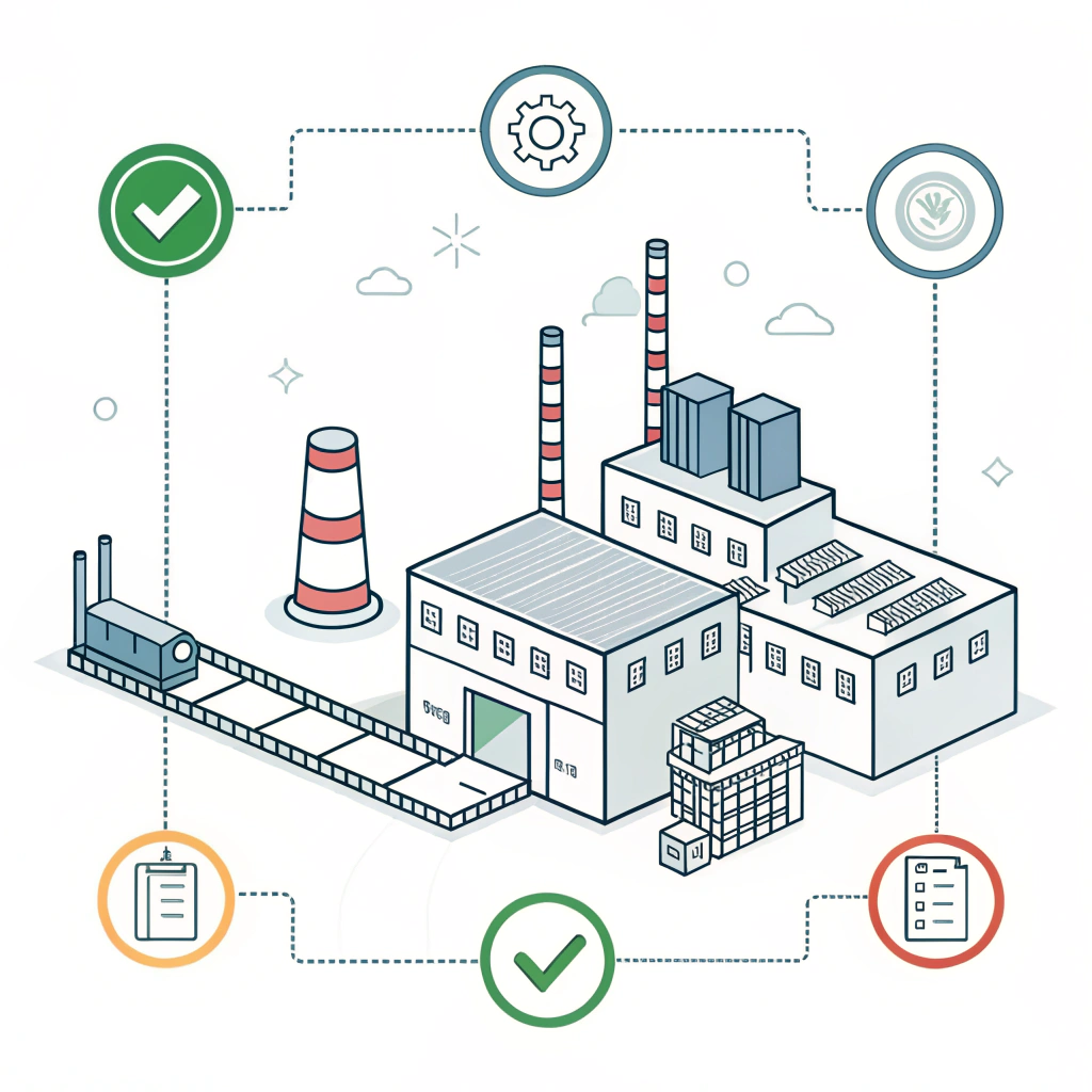 Minimalist flat illustration of quality control impact with production and reliability icons