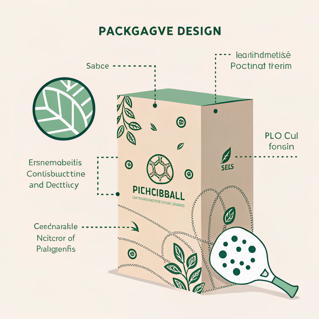 Minimalist illustration of sustainable pickleball packaging with clean design and modern eco-friendly elements