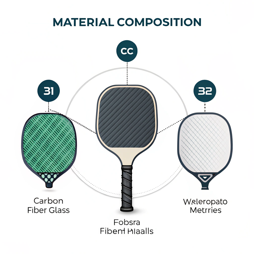 Minimalist 2D illustration of various materials used in pickleball paddles