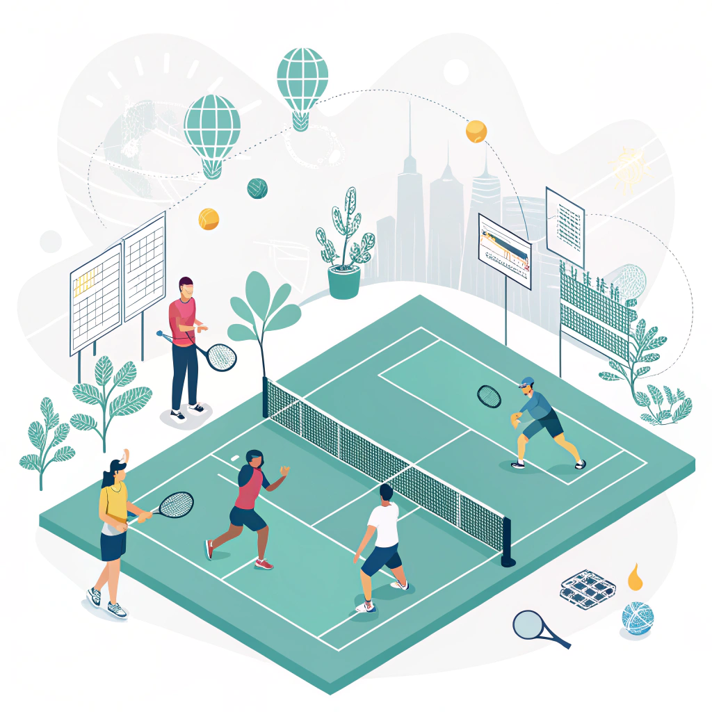 Minimalist 2D illustration of diverse pickleball players with modern manufacturing symbols