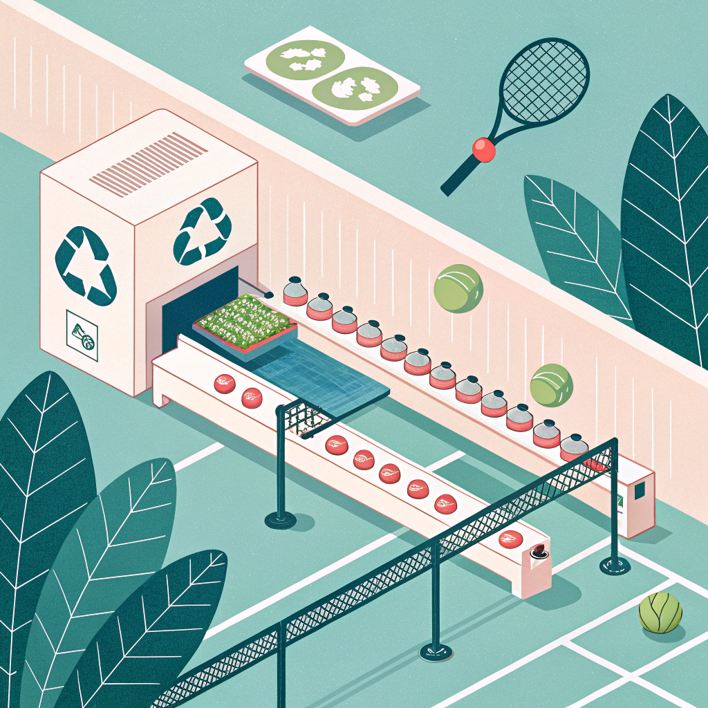 A minimal 2D illustration showcasing a futuristic, eco-friendly pickleball production process with innovative design elements.