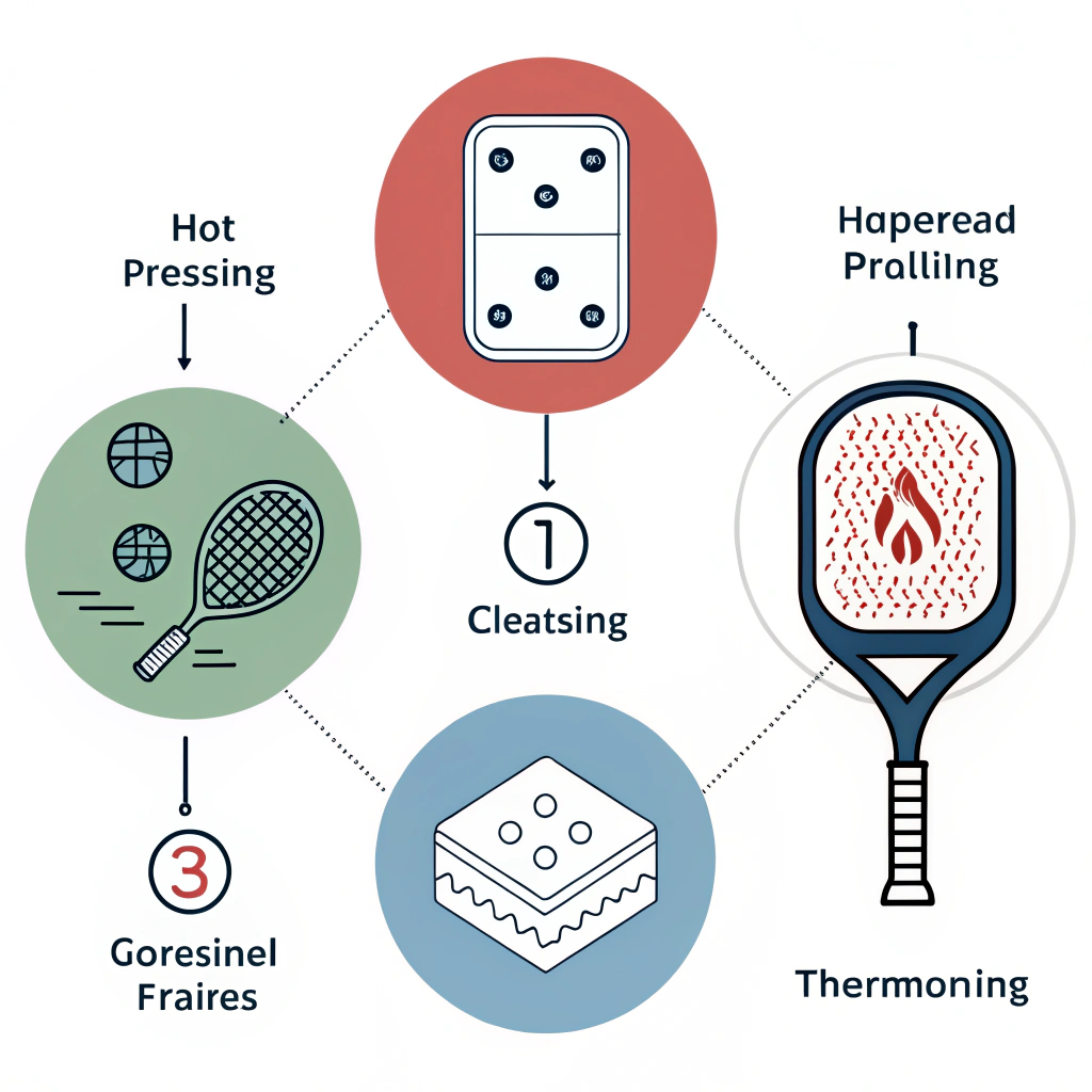 Clean vector icons illustrating three different pickleball production processes.