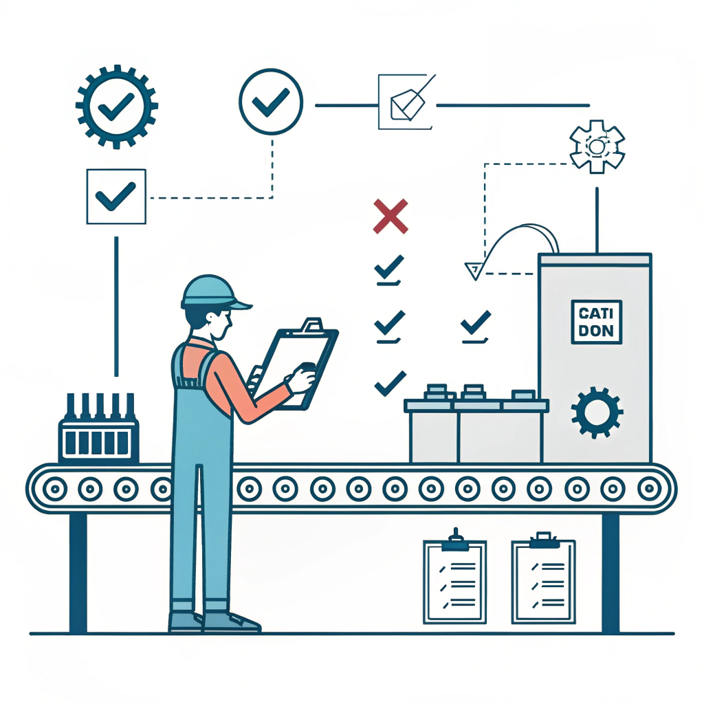 "Simple 2D illustration of quality control in paddle manufacturing with clean, abstract icons."