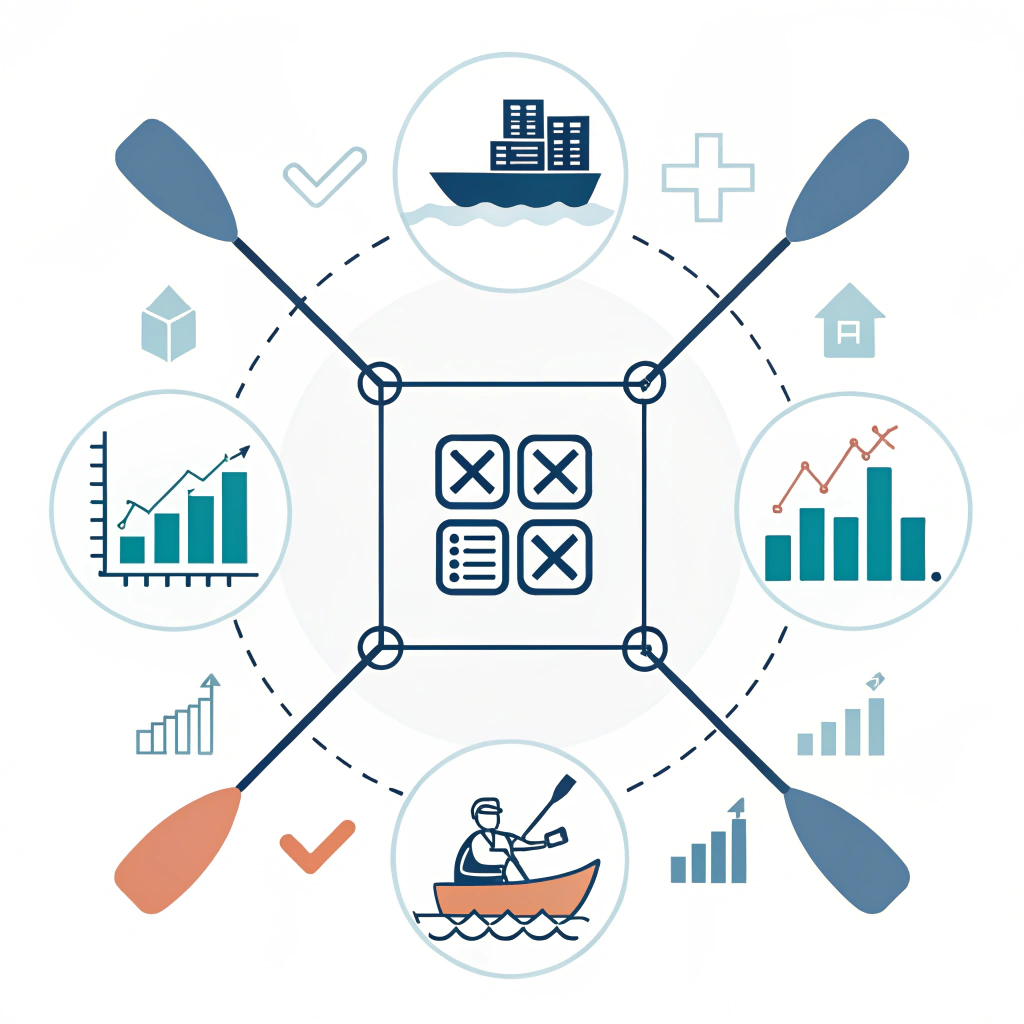 Minimalist 2D artwork showing abstract supply chain and compliance strategy imagery