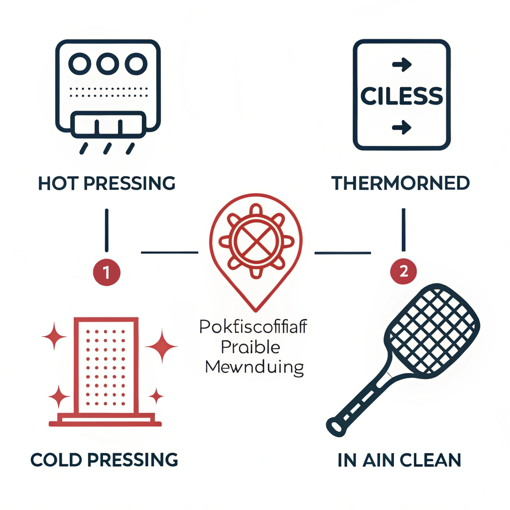 Minimal illustration showing three production process icons for paddle manufacturing