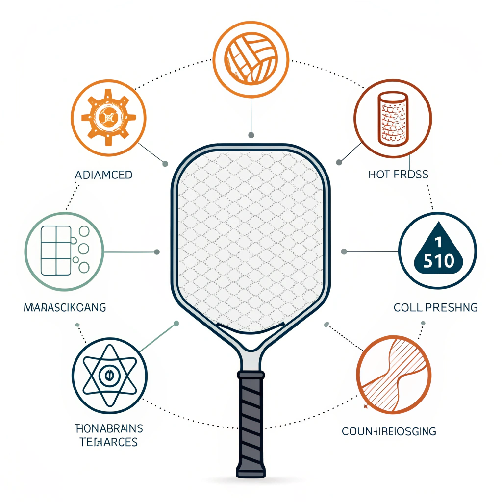 2D minimalist illustration of a modern pickleball paddle with abstract manufacturing icons