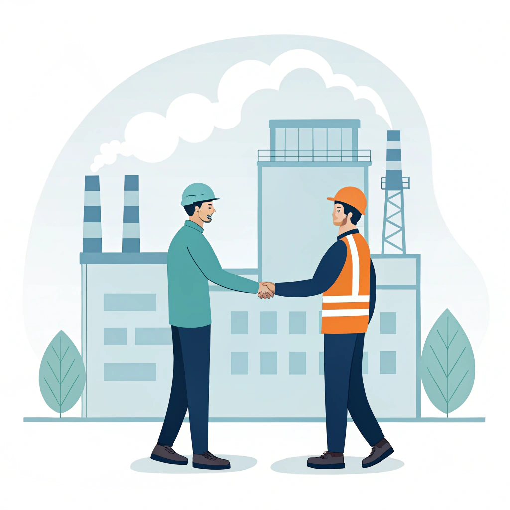 Minimalist illustration showing collaboration and trust after a factory visit.