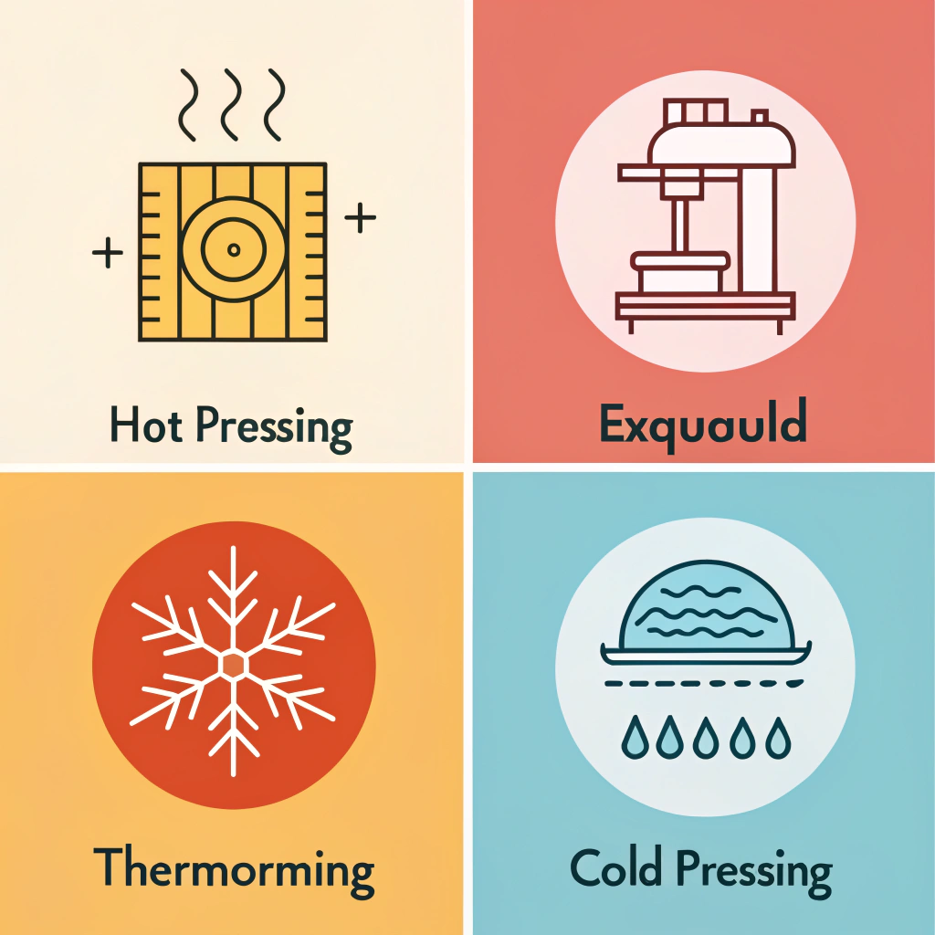 minimalist flat illustration of three production methods in geometric style