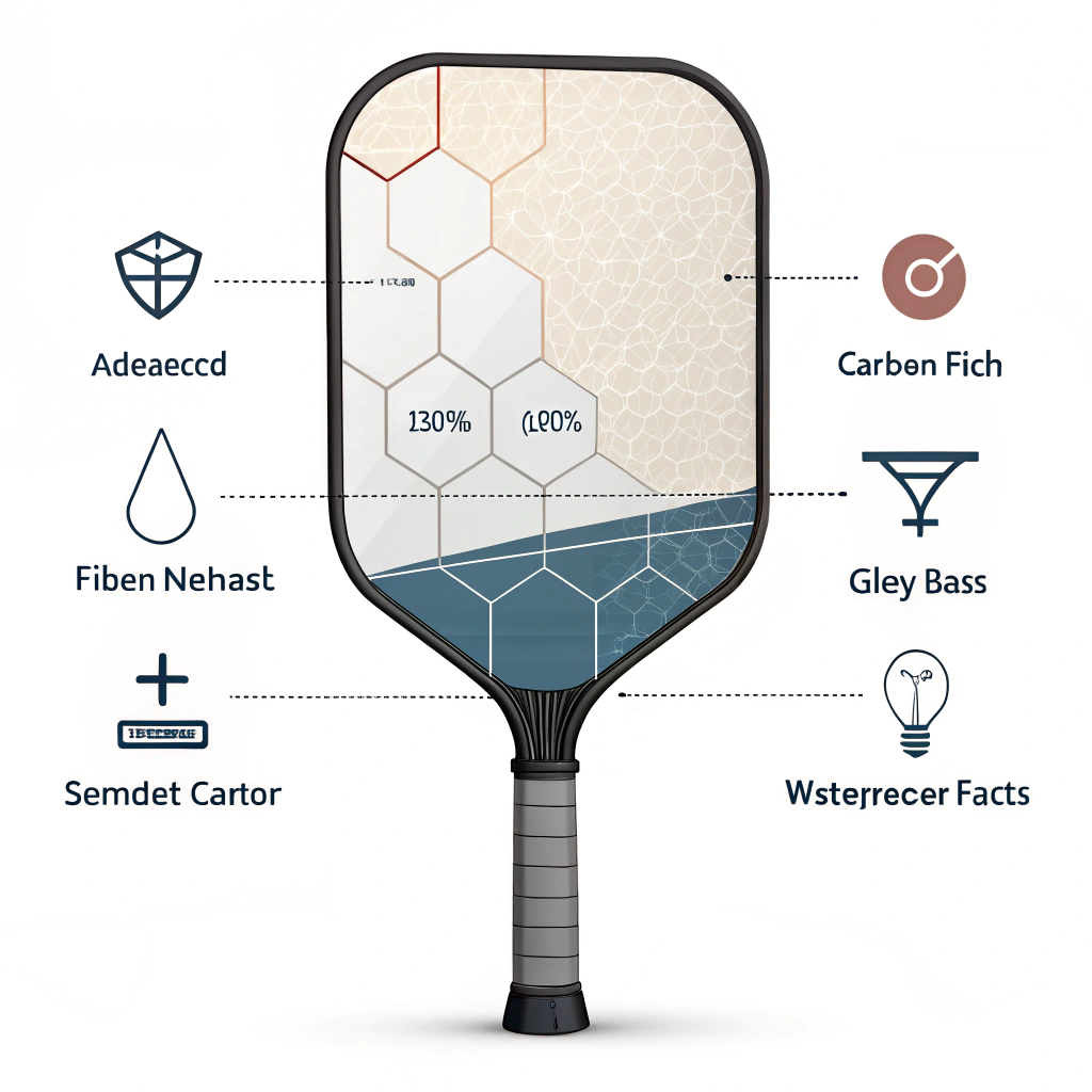 A clean 2D illustration showing a pickleball paddle with abstract balanced materials symbols for weight optimization.