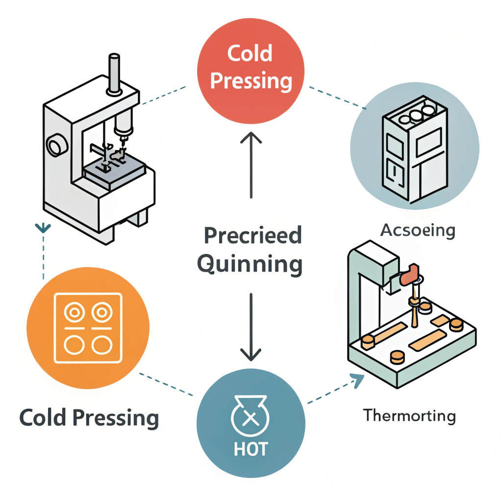 Flat design showing abstract icons for hot pressing, cold pressing, and thermoforming.
