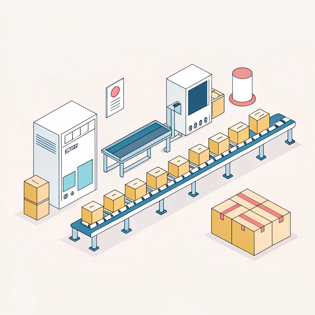 Simple flat design illustration of an assembly line for non-OEM sourcing.