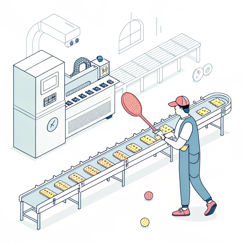 Minimalistic 2D illustration of paddle quality control in a factory setting