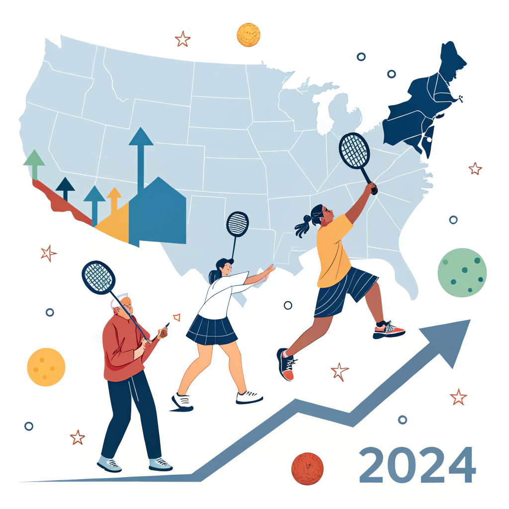 Minimalist 2D illustration of pickleball growth and innovation in manufacturing